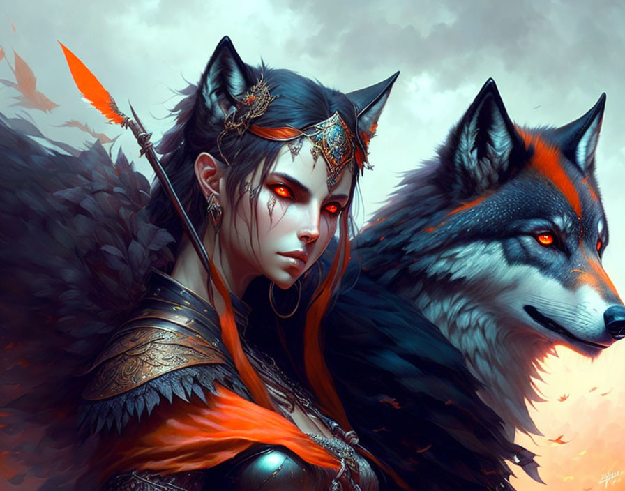 Illustrated female warrior with feline features and majestic wolf companion.