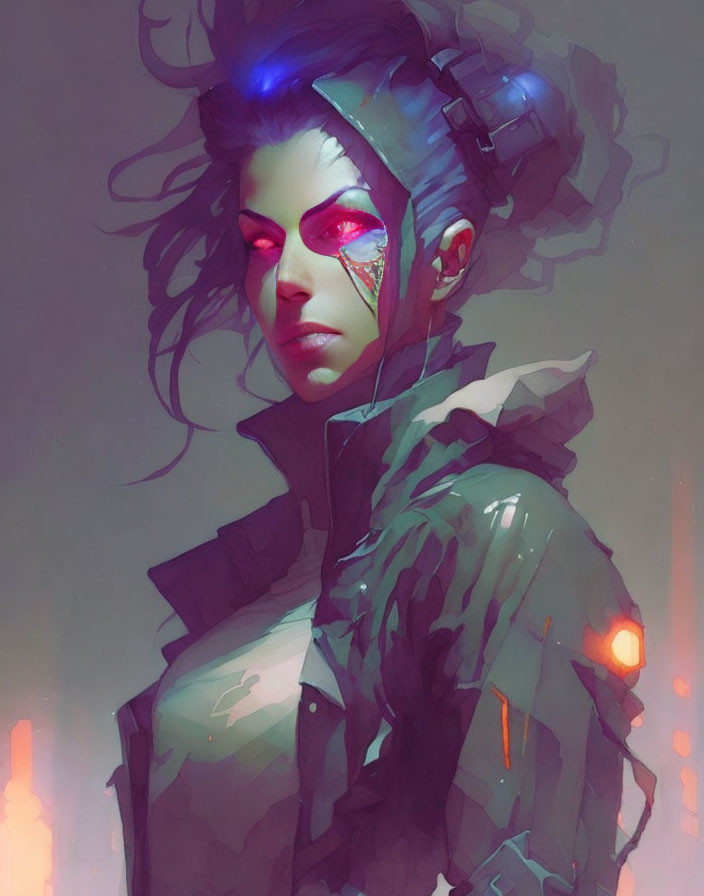 Female cyborg with pink glowing eyes and futuristic collar in digital artwork