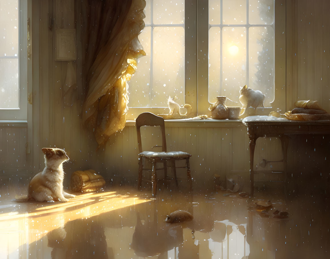 Sunlit interior scene with dog and cat by window in cozy setting