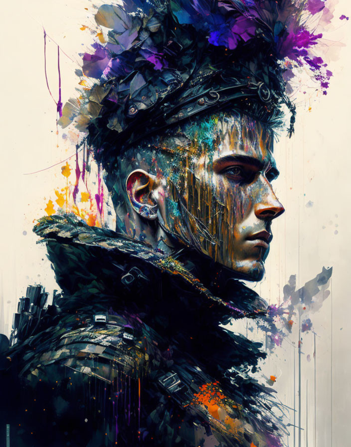 Colorful digital artwork: man in futuristic military uniform with dynamic feather-like accents