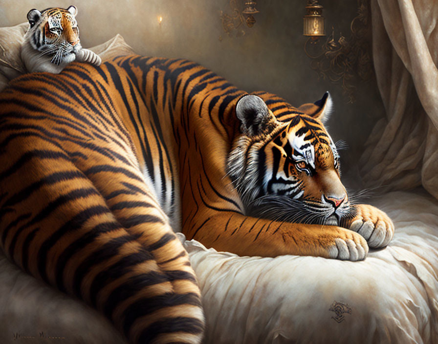 Majestic tiger and cub on ornate bed with luxurious drapery