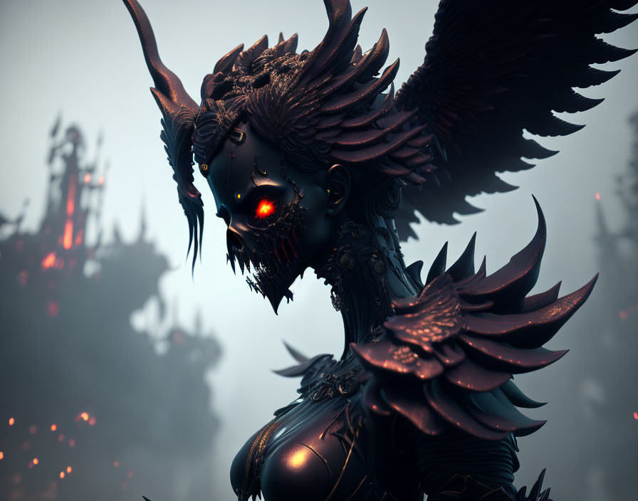 Mysterious figure with glowing red eyes and crow-like feathers in ornate armor.