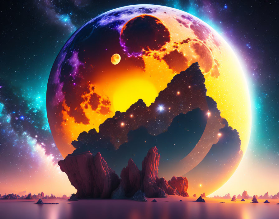 Colorful planet and moons in surreal space scene