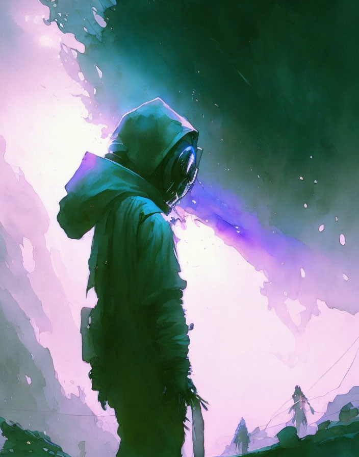 Figure in green hooded jacket and gas mask in misty landscape.