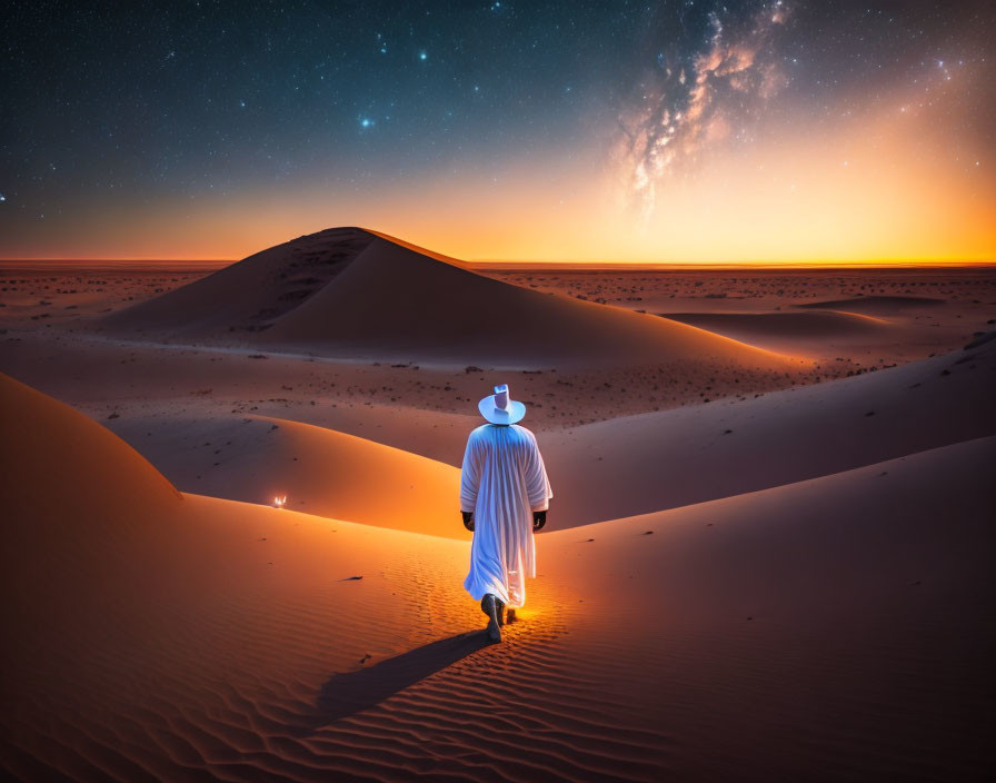 Person in white robe walks desert dunes at twilight with lantern, stars, and Milky Way in sky