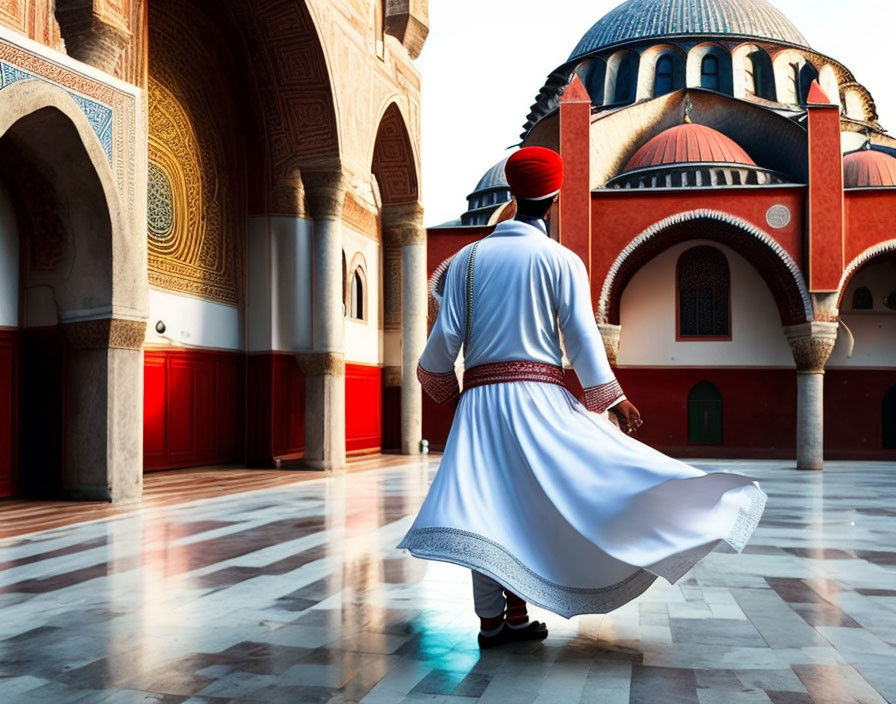 Traditional attire cultural dance at ornate mosque courtyard