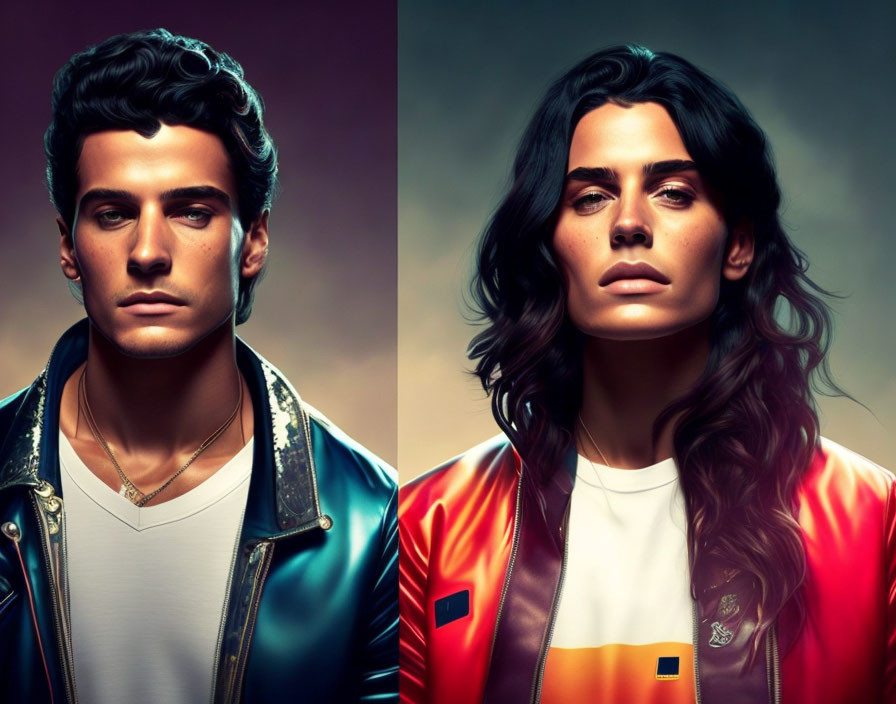 Intense gazes: Stylized man in leather jacket, woman in colorful sporty jacket