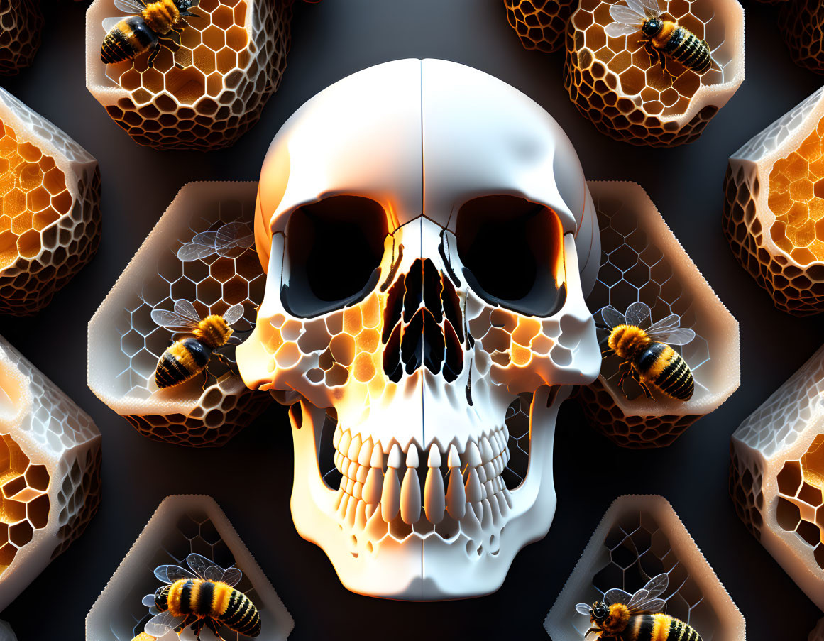 Glowing white human skull with bees and honeycomb on dark background