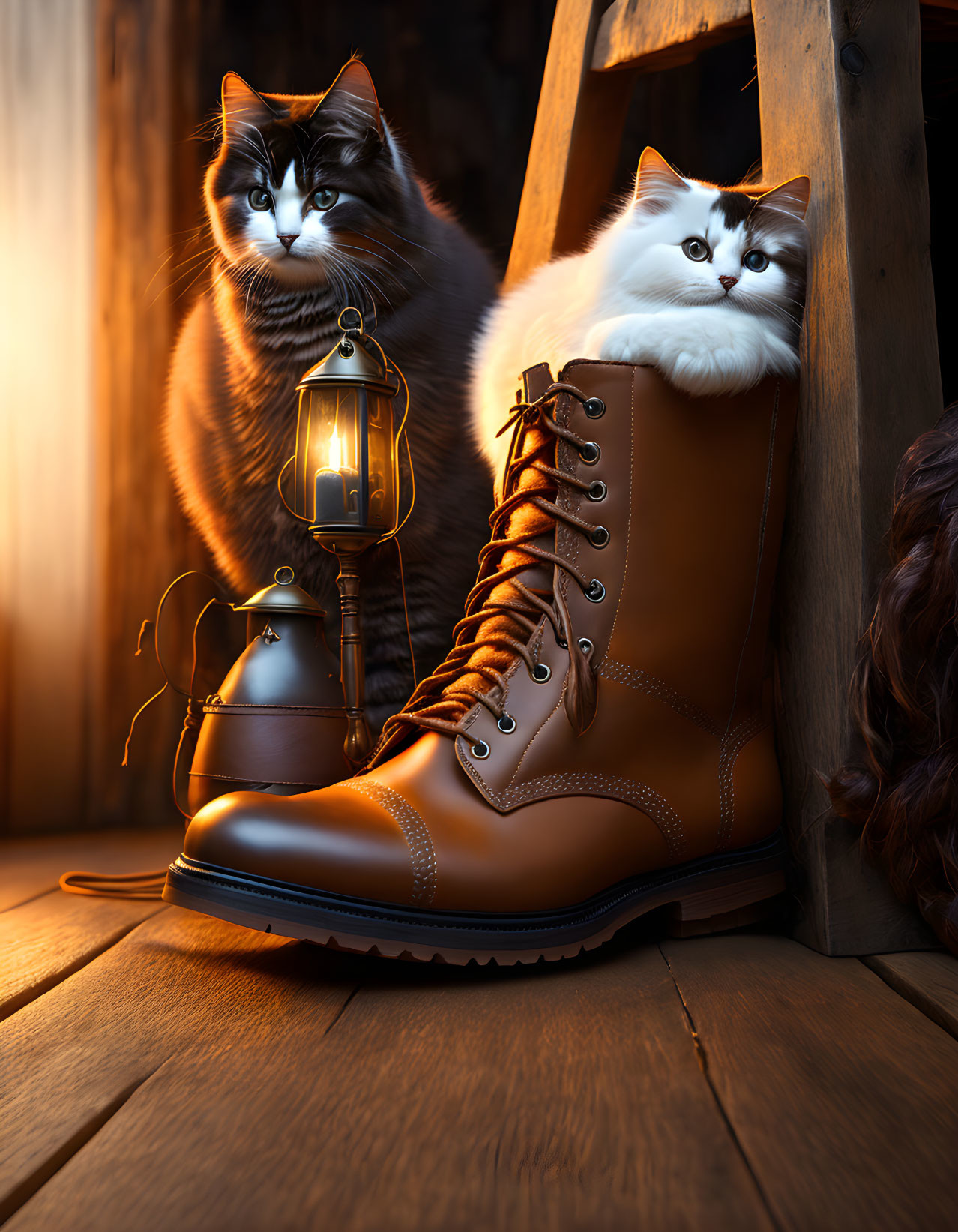 Two Cats with Lantern Next to Giant Brown Boot in Rustic Setting