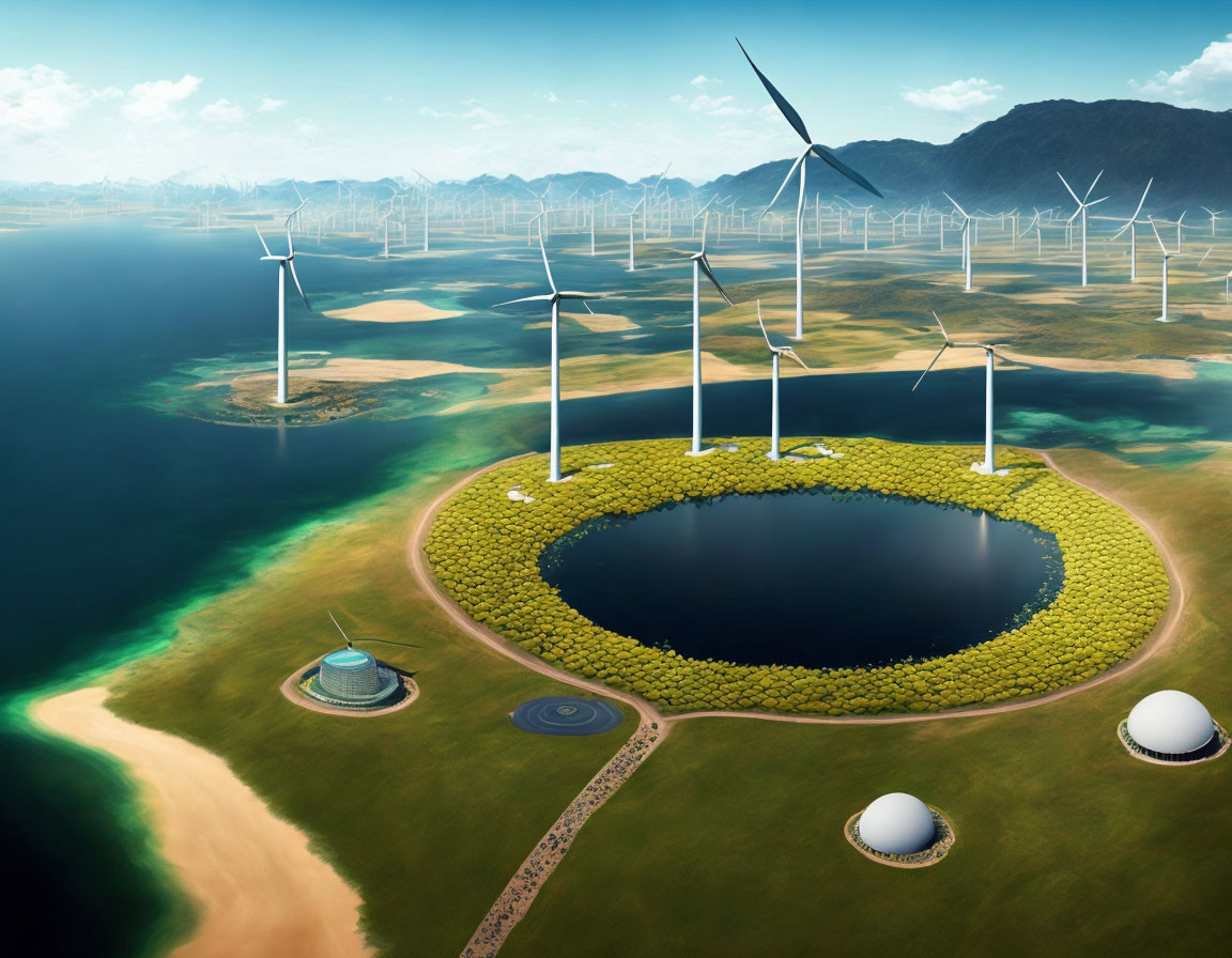 Futuristic wind farm, circular green island, pond, modern structures in coastal landscape