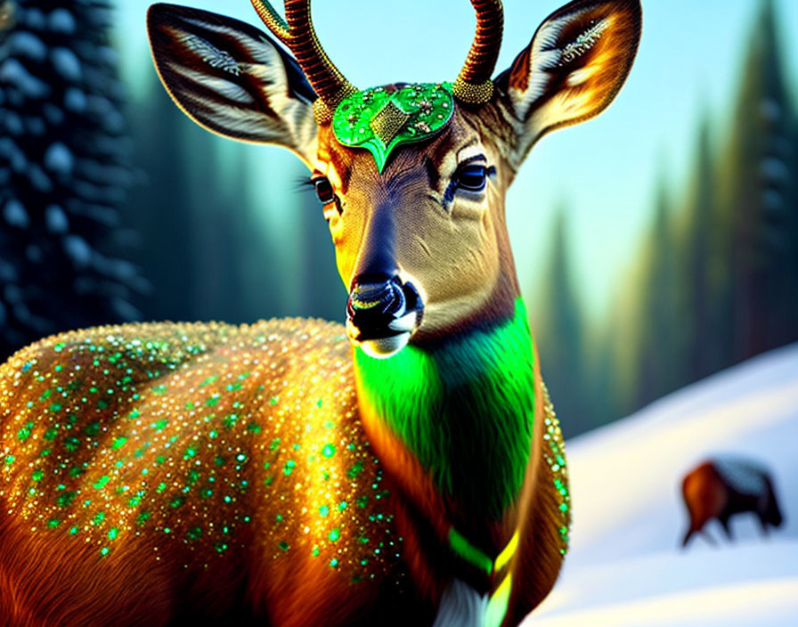 Digitally Enhanced Deer with Sparkling Green Fur in Snowy Winter Landscape