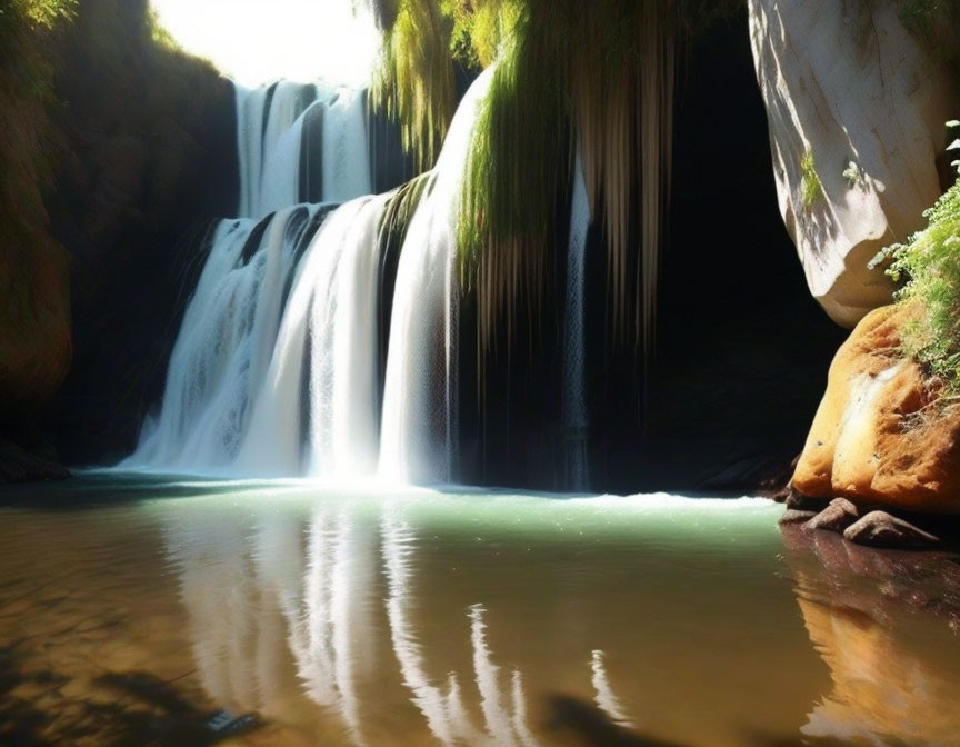 Tranquil waterfall in lush greenery with sunlight filtering through