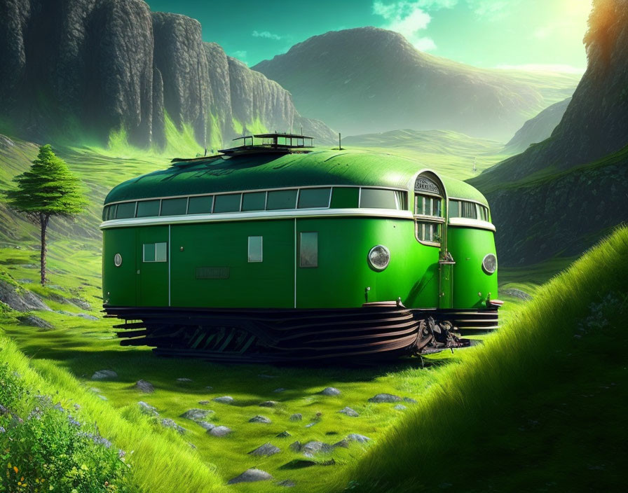 Green retro-futuristic train carriage in lush valley with cliffs and vibrant sky