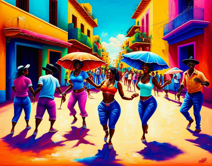 Colorful street scene with dancing people, vibrant buildings, and bright sky.