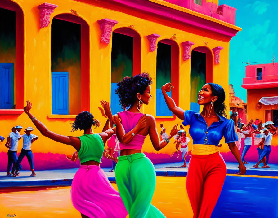 Colorful painting of three women dancing in traditional attire on a vibrant street scene.