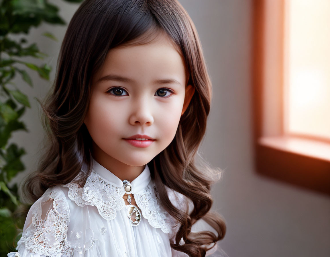 Young girl with long curly hair in white lace blouse and pendant necklace gazes softly by window