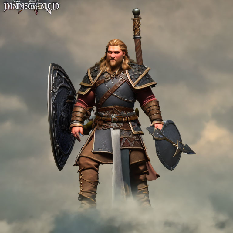 Viking warrior with beard, sword, and shield in cloudy setting