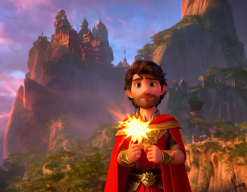 Brown-haired young man in red cape holds glowing object with castle at sunset