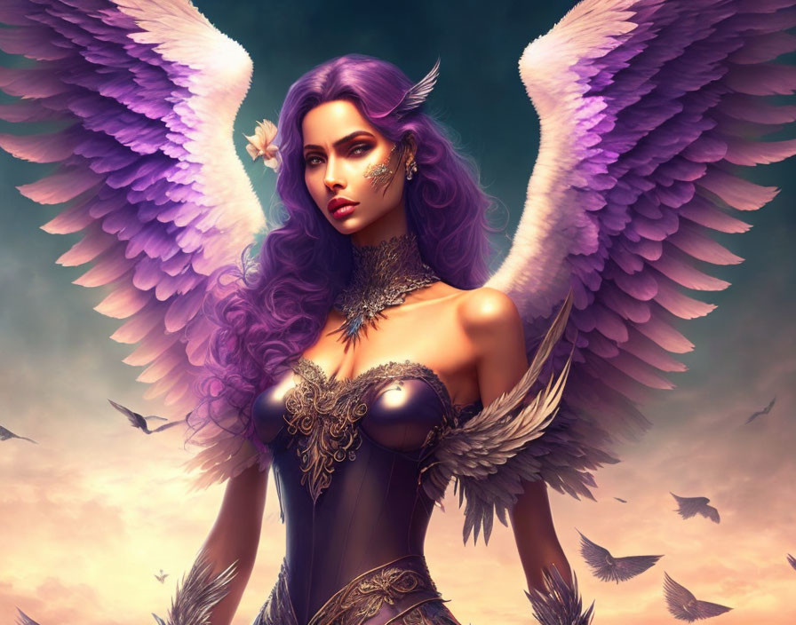 Digital artwork featuring woman with purple hair, angelic wings, birds, jewelry, and corset in