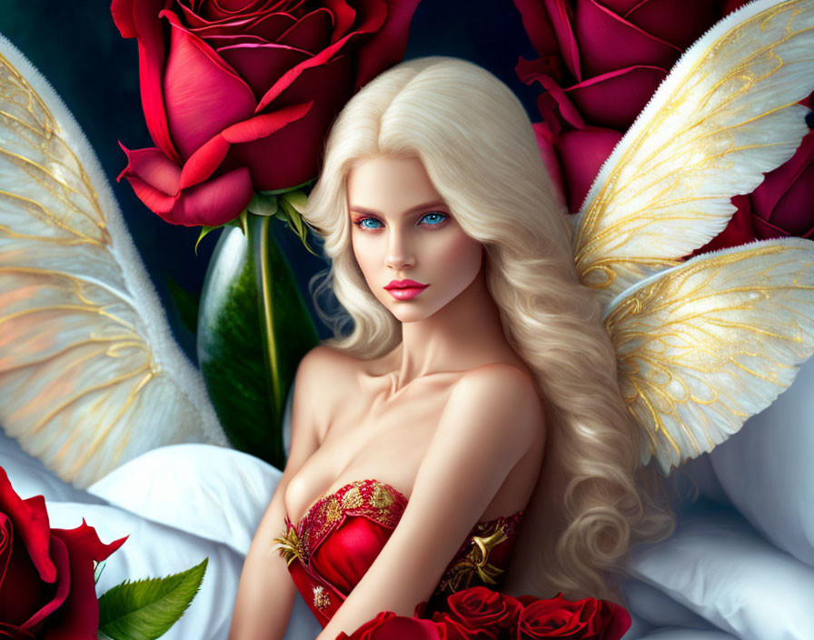 Fantasy image: Woman with white hair, angelic wings, and red roses