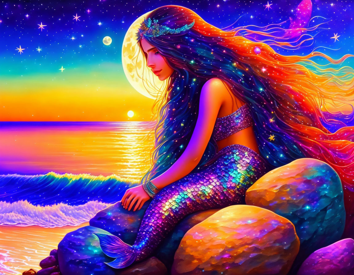 Colorful Mermaid Illustration Sitting on Rocks by the Sea at Sunset