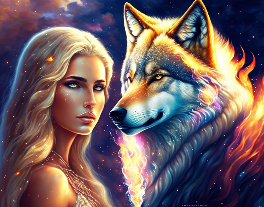 Digital Artwork: Woman with Golden Hair and Majestic Wolf under Starry Night Sky