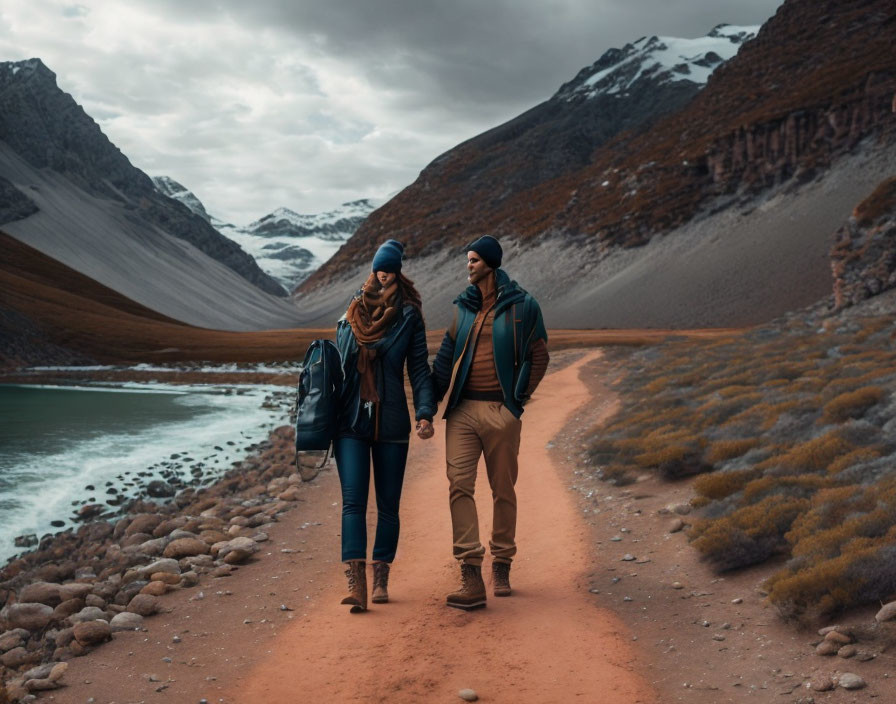 Hikers on mountain path with river, warm clothing, and backpacks