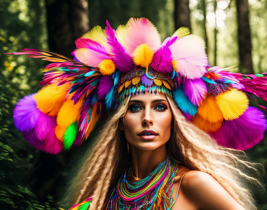 Colorful Feather Headdress Woman in Lush Green Forest