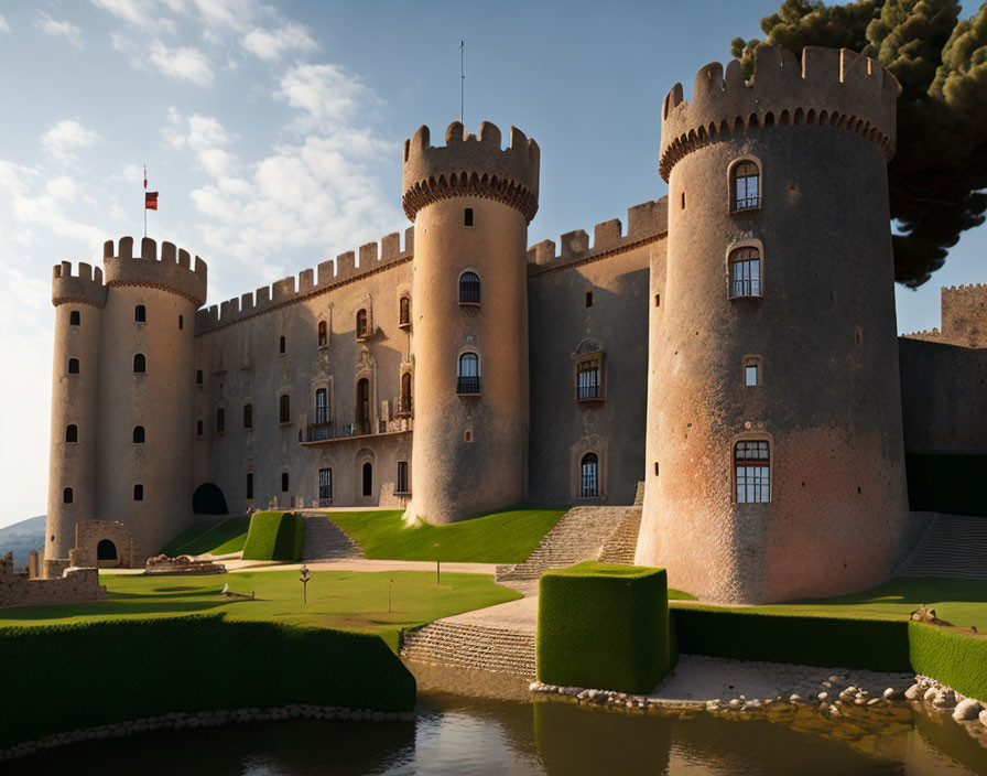 Medieval castle with cylindrical towers, manicured lawns, pine tree, sunset scene.