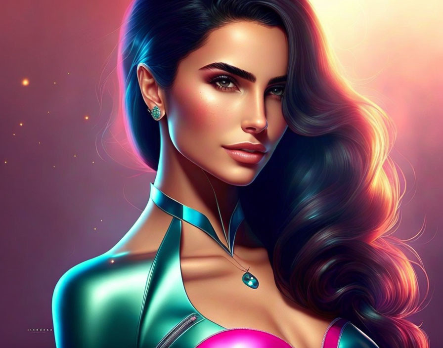 Stylized digital portrait of woman in teal collar and pink top on vibrant backdrop