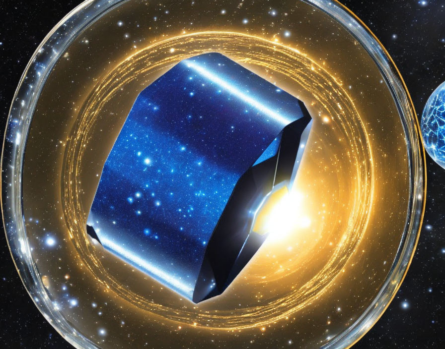 Surreal three-dimensional metallic object with glowing aura in starry space.