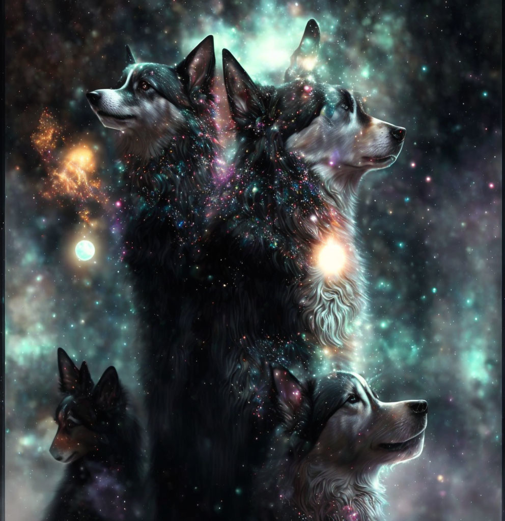 Four dogs intertwined with a starry nebula, cosmic fur and shining stars.