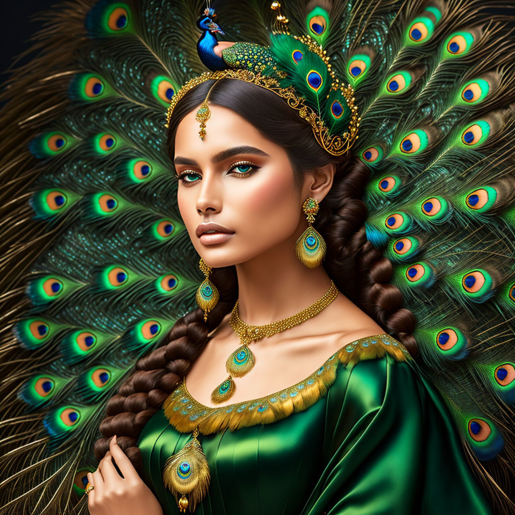 Elaborate peacock feather headdress on woman in green dress