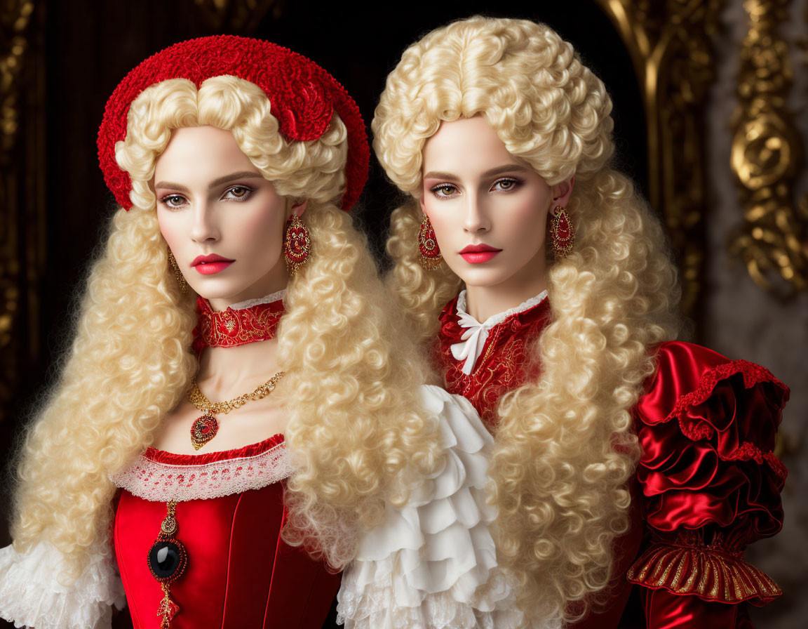 Two Women in Elaborate Baroque Style Costumes with Blonde Wigs and Red Dresses