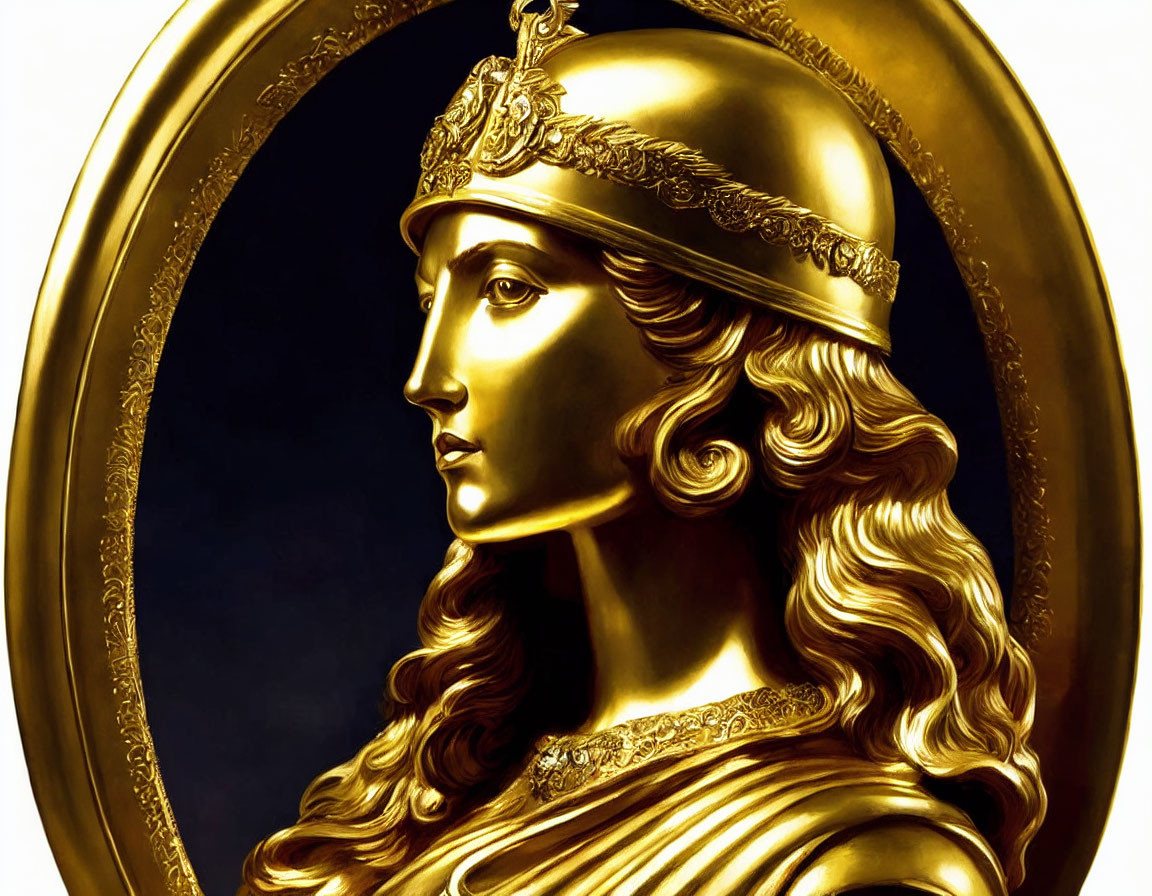 Stylized portrait of a woman in golden armor and helmet on round gold background