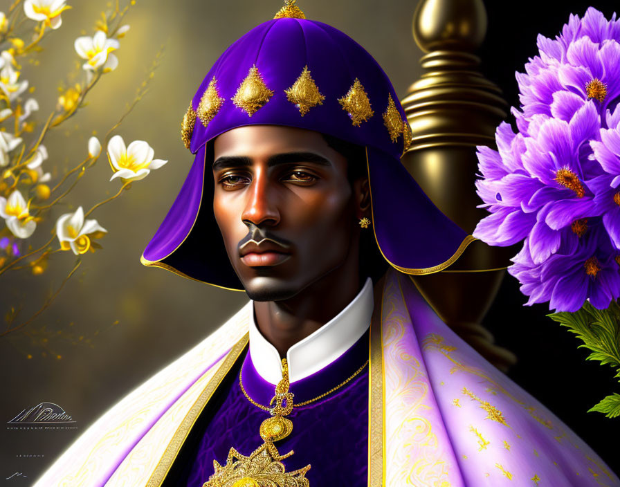 Regal man in purple attire with gold details, surrounded by flowers