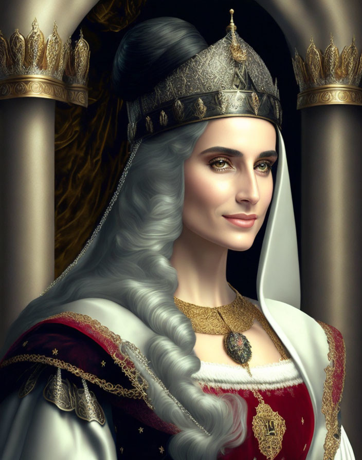 Regal woman with long white hair and silver crown in medieval attire