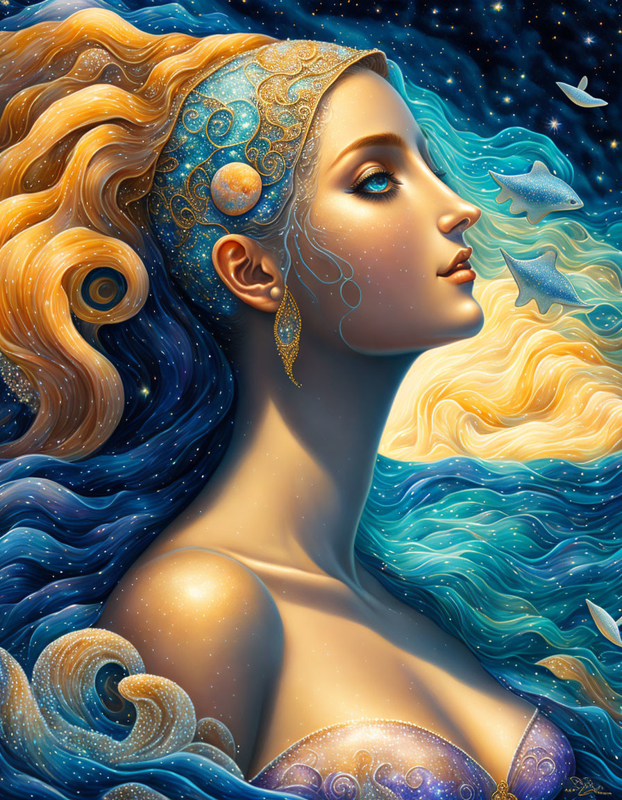 Golden-haired woman with celestial and oceanic themed tiara in starry sky and sea waves