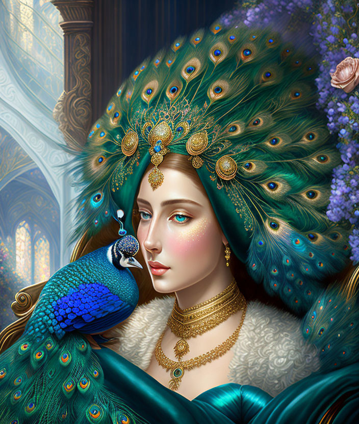 Illustrated woman with peacock headdress and live peacock in intricate setting.