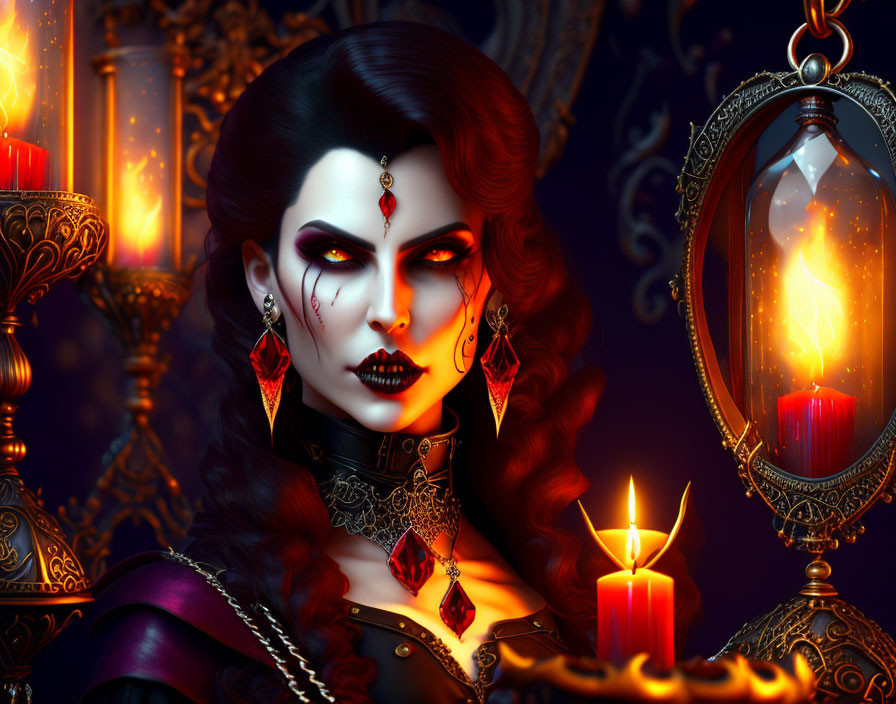 Dark-haired female character in gothic fantasy setting with vampiric features and ornate jewelry illuminated by