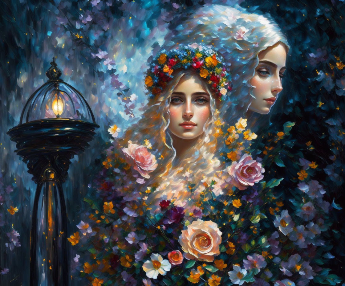 Ethereal painting of woman with floral crown and reflective visage by lamppost