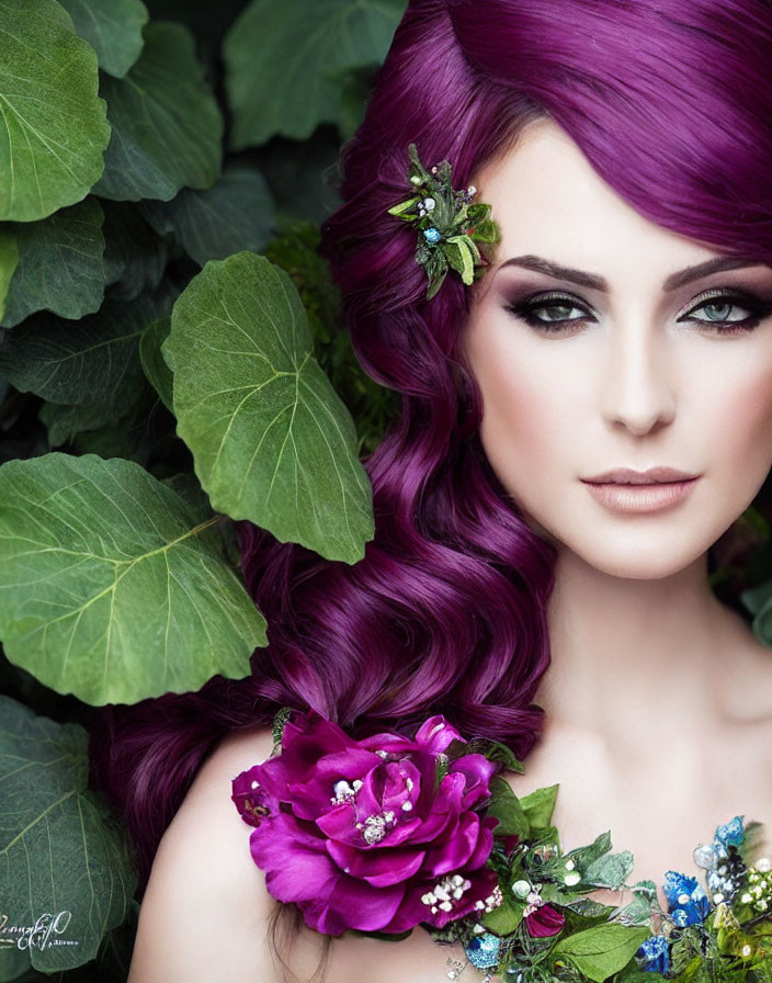 Vibrant Purple Hair with Botanical-themed Makeup