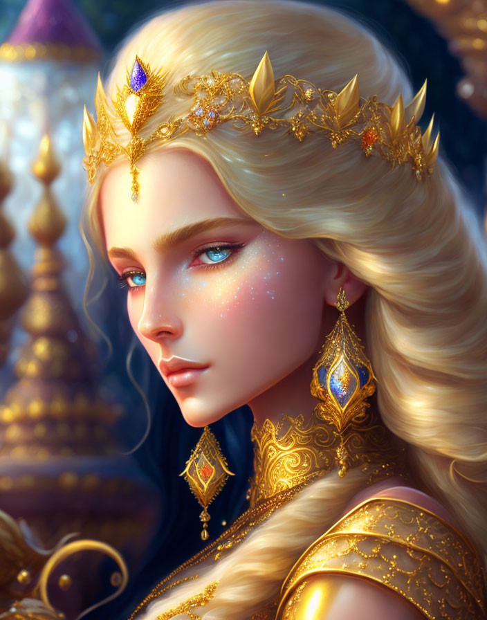 Illustrated portrait of regal woman with long blond hair, blue eyes, and golden jewelry