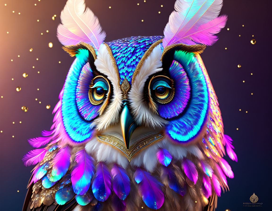 Vibrant owl digital art: blue, purple feathers on dark background