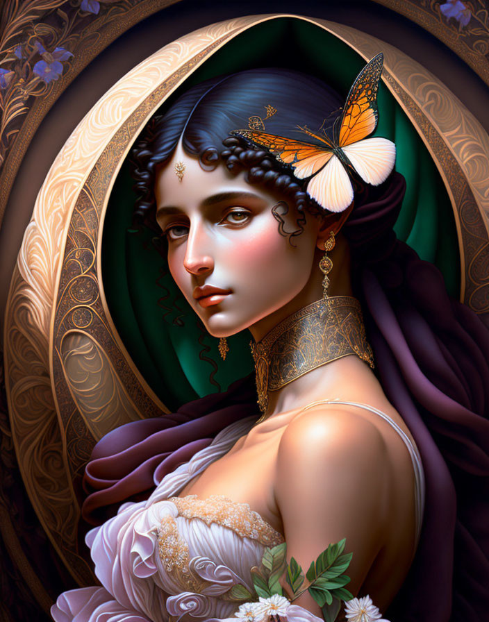 Stylized portrait of woman with dark hair, golden headpiece, butterfly, ornate earrings,