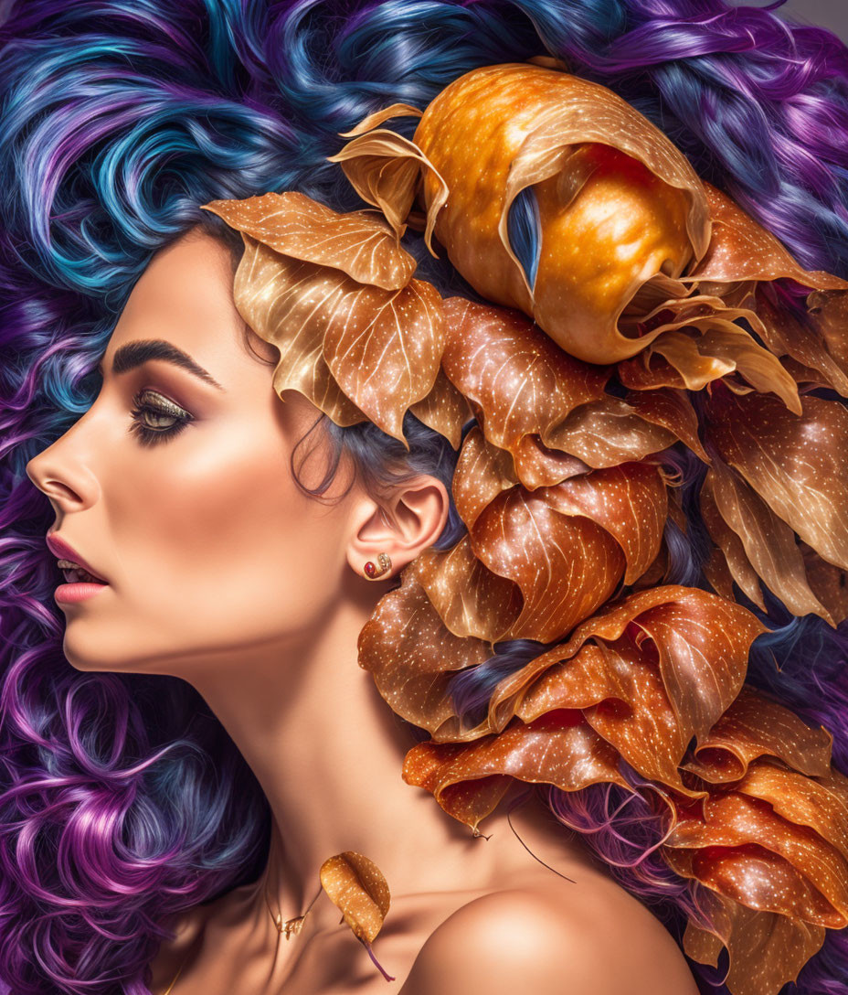 Colorful Hair with Autumn Leaves and Pumpkin: Seasonal-themed Artistic Hairstyle