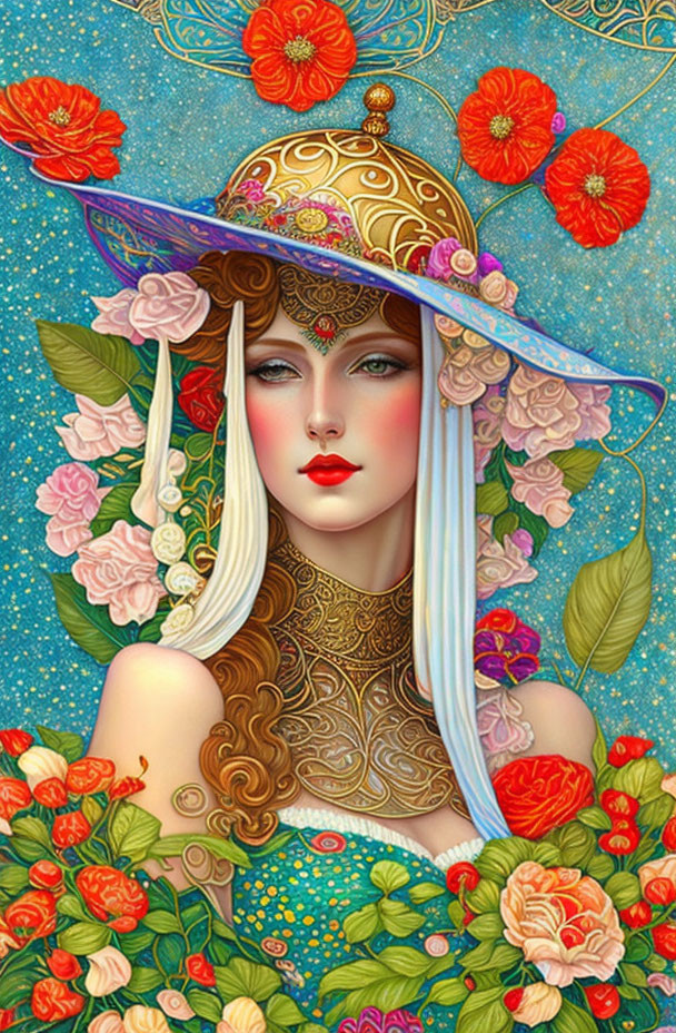 Illustrated woman in golden floral hat surrounded by lush florals