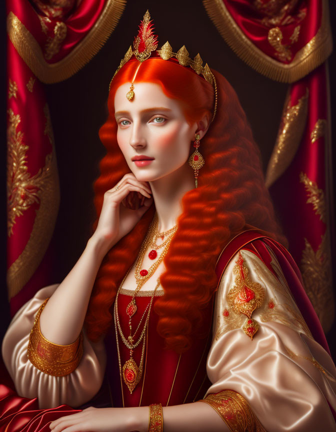 Regal woman with red hair and crown in white gown pose on red backdrop