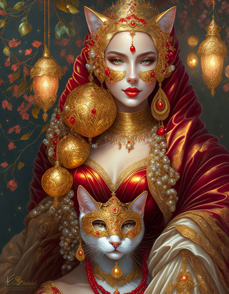 Illustration of woman with cat-like features in opulent gold and red attire with a white cat