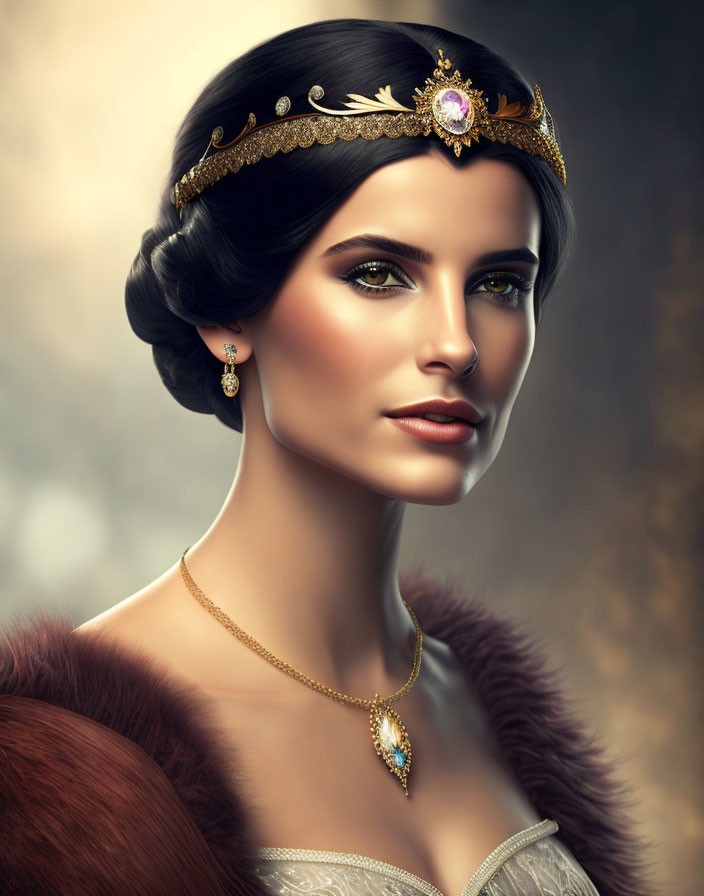 Vintage-inspired woman adorned in golden accessories and fur stole against soft-focus backdrop